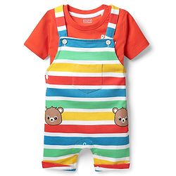 Babyhug Single Jersey Knit Striped Dungaree & Half Sleeves T-Shirt With  Teddy Bear Print - Red