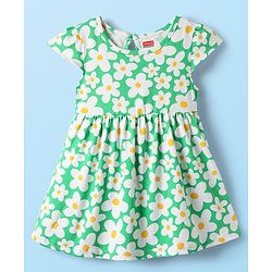 Babyhug Single Jersey Knit Cap Sleeves Frocks with Polka Dot & Floral Print Pack of 2 - Yellow & Green