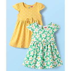 Babyhug Single Jersey Knit Cap Sleeves Frocks with Polka Dot & Floral Print Pack of 2 - Yellow & Green