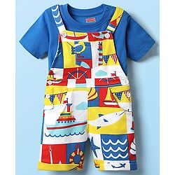 Babyhug Single Jersey Knit Half Sleeves T-Shirt & Dungaree with Nautical Print - Blue