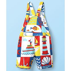 Babyhug Single Jersey Knit Half Sleeves T-Shirt & Dungaree with Nautical Print - Blue
