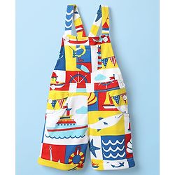 Babyhug Single Jersey Knit Half Sleeves T-Shirt & Dungaree with Nautical Print - Blue