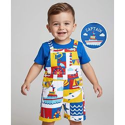 Babyhug Single Jersey Knit Half Sleeves T-Shirt & Dungaree with Nautical Print - Blue