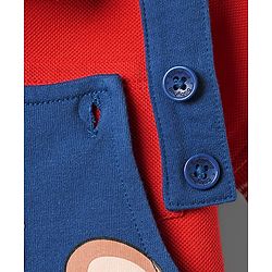 Babyhug Single Jersey Knit Half Sleeves Polo T-Shirt & Dungaree With Animal Print - Red & Blue