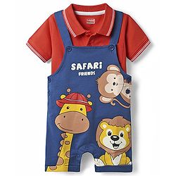 Babyhug Single Jersey Knit Half Sleeves Polo T-Shirt & Dungaree With Animal Print - Red & Blue