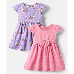 Babyhug Single Jersey Knit Cap Sleeves Bunny & Heart Printed Frocks With Bow Applique Pack of 2 - Pink & Purple
