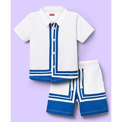 Babyhug Single Jersey Knit Half Sleeves Shirt & Shorts Set With Color Block Design - White & Blue