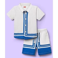 Babyhug Single Jersey Knit Half Sleeves Shirt & Shorts Set With Color Block Design - White & Blue