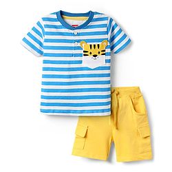 Babyhug Single Jersey Knit Half Sleeves Henley T-Shirt & Shorts Set with Tiger Print & Stripes - Yellow & Blue