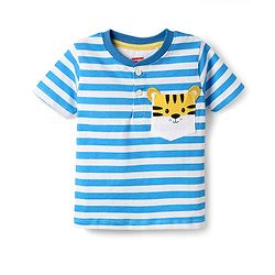 Babyhug Single Jersey Knit Half Sleeves Henley T-Shirt & Shorts Set with Tiger Print & Stripes - Yellow & Blue