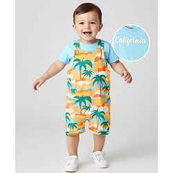 Babyhug Single Jersey Knit Half Sleeves T-Shirt & Dungaree with Beach Print - Light Blue