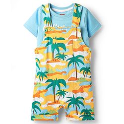 Babyhug Single Jersey Knit Half Sleeves T-Shirt & Dungaree with Beach Print - Light Blue
