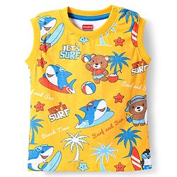 Babyhug Single Jersey Knit Sleeveless T-Shirt & Shorts Set with Beach Theme Print - Yellow & Blue