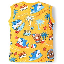 Babyhug Single Jersey Knit Sleeveless T-Shirt & Shorts Set with Beach Theme Print - Yellow & Blue