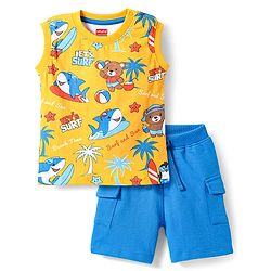 Babyhug Single Jersey Knit Sleeveless T-Shirt & Shorts Set with Beach Theme Print - Yellow & Blue