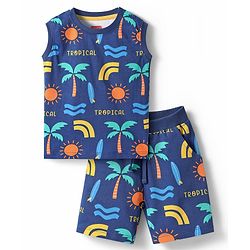 Babyhug Single Jersey Knit Sleeveless Co-ords Tank T-Shirt & Shorts Set with Beach Theme Print - Navy Blue