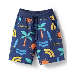Babyhug Single Jersey Knit Sleeveless Co-ords Tank T-Shirt & Shorts Set with Beach Theme Print - Navy Blue
