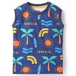 Babyhug Single Jersey Knit Sleeveless Co-ords Tank T-Shirt & Shorts Set with Beach Theme Print - Navy Blue