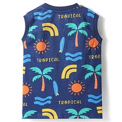 Babyhug Single Jersey Knit Sleeveless Co-ords Tank T-Shirt & Shorts Set with Beach Theme Print - Navy Blue