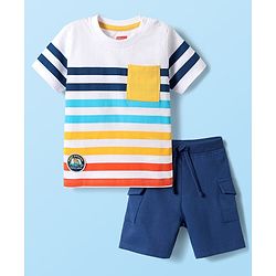 Babyhug Single Jersey Knit Half Sleeves Striped T-Shirt & Shorts Set With Animal Patch & Pocket Detailing - White & Blue