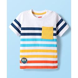 Babyhug Single Jersey Knit Half Sleeves Striped T-Shirt & Shorts Set With Animal Patch & Pocket Detailing - White & Blue