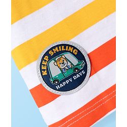 Babyhug Single Jersey Knit Half Sleeves Striped T-Shirt & Shorts Set With Animal Patch & Pocket Detailing - White & Blue