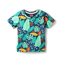 Babyhug Single Jersey Knit Half Sleeves T-Shirt & Shorts Co-Ord Set With Leaf Print - Navy Blue
