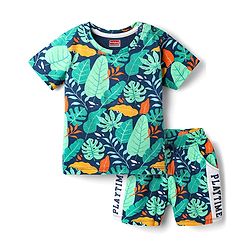 Babyhug Single Jersey Knit Half Sleeves T-Shirt & Shorts Co-Ord Set With Leaf Print - Navy Blue