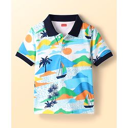 Babyhug Single Jersey Knit Half Sleeves Polo T-Shirt & Shorts With Beach Theme Print - Navy Blue