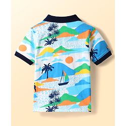 Babyhug Single Jersey Knit Half Sleeves Polo T-Shirt & Shorts With Beach Theme Print - Navy Blue