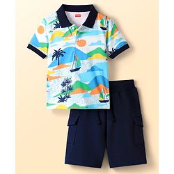 Babyhug Single Jersey Knit Half Sleeves Polo T-Shirt & Shorts With Beach Theme Print - Navy Blue