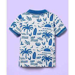 Babyhug Single Jersey Knit Half Sleeves Polo T-Shirt & Shorts Set With Tree Print - White & Blue