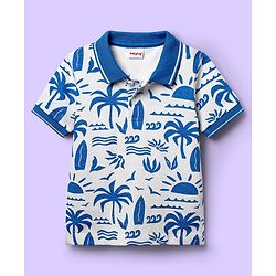 Babyhug Single Jersey Knit Half Sleeves Polo T-Shirt & Shorts Set With Tree Print - White & Blue