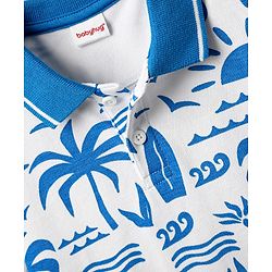 Babyhug Single Jersey Knit Half Sleeves Polo T-Shirt & Shorts Set With Tree Print - White & Blue