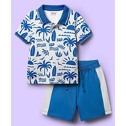 Babyhug Single Jersey Knit Half Sleeves Polo T-Shirt & Shorts Set With Tree Print - White & Blue