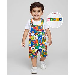 Babyhug Single Jersey Knit Half Sleeves T-Shirt & Dungree With Tropical & Text Print - White