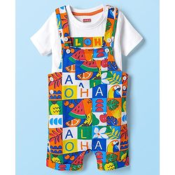 Babyhug Single Jersey Knit Half Sleeves T-Shirt & Dungree With Tropical & Text Print - White