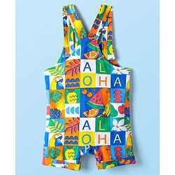 Babyhug Single Jersey Knit Half Sleeves T-Shirt & Dungree With Tropical & Text Print - White