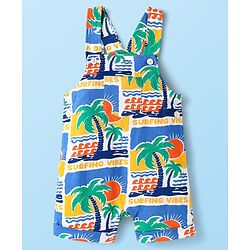 Babyhug Single Jersey Knit Beach Theme Printed Dungaree & Half Sleeves T-Shirt - White