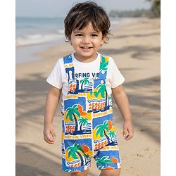 Babyhug Single Jersey Knit Beach Theme Printed Dungaree & Half Sleeves T-Shirt - White