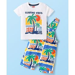 Babyhug Single Jersey Knit Beach Theme Printed Dungaree & Half Sleeves T-Shirt - White