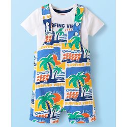 Babyhug Single Jersey Knit Beach Theme Printed Dungaree & Half Sleeves T-Shirt - White