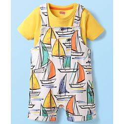 Babyhug Single Jersey Knit Ship Printed Dungaree Half Sleeves Inner Tee - Yellow