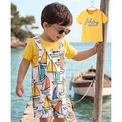 Babyhug Single Jersey Knit Ship Printed Dungaree Half Sleeves Inner Tee - Yellow
