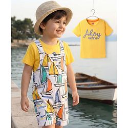 Babyhug Single Jersey Knit Ship Printed Dungaree Half Sleeves Inner Tee - Yellow