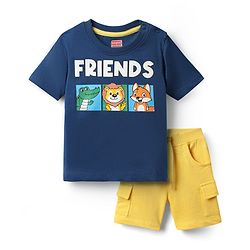 Babyhug Single Jersey Knit Half Sleeves T-Shirt & Shorts Set With Animal Print - Blue & Yellow