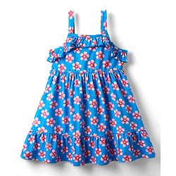 Babyhug Single Jersey Knit Sleeveless Frock With Floral Print & Frill Detailing - Blue