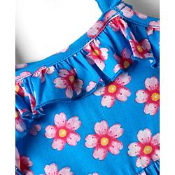 Babyhug Single Jersey Knit Sleeveless Frock With Floral Print & Frill Detailing - Blue
