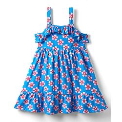 Babyhug Single Jersey Knit Sleeveless Frock With Floral Print & Frill Detailing - Blue