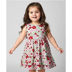 Babyhug Single Jersey Knit Sleeveless Frock With Floral Print - White